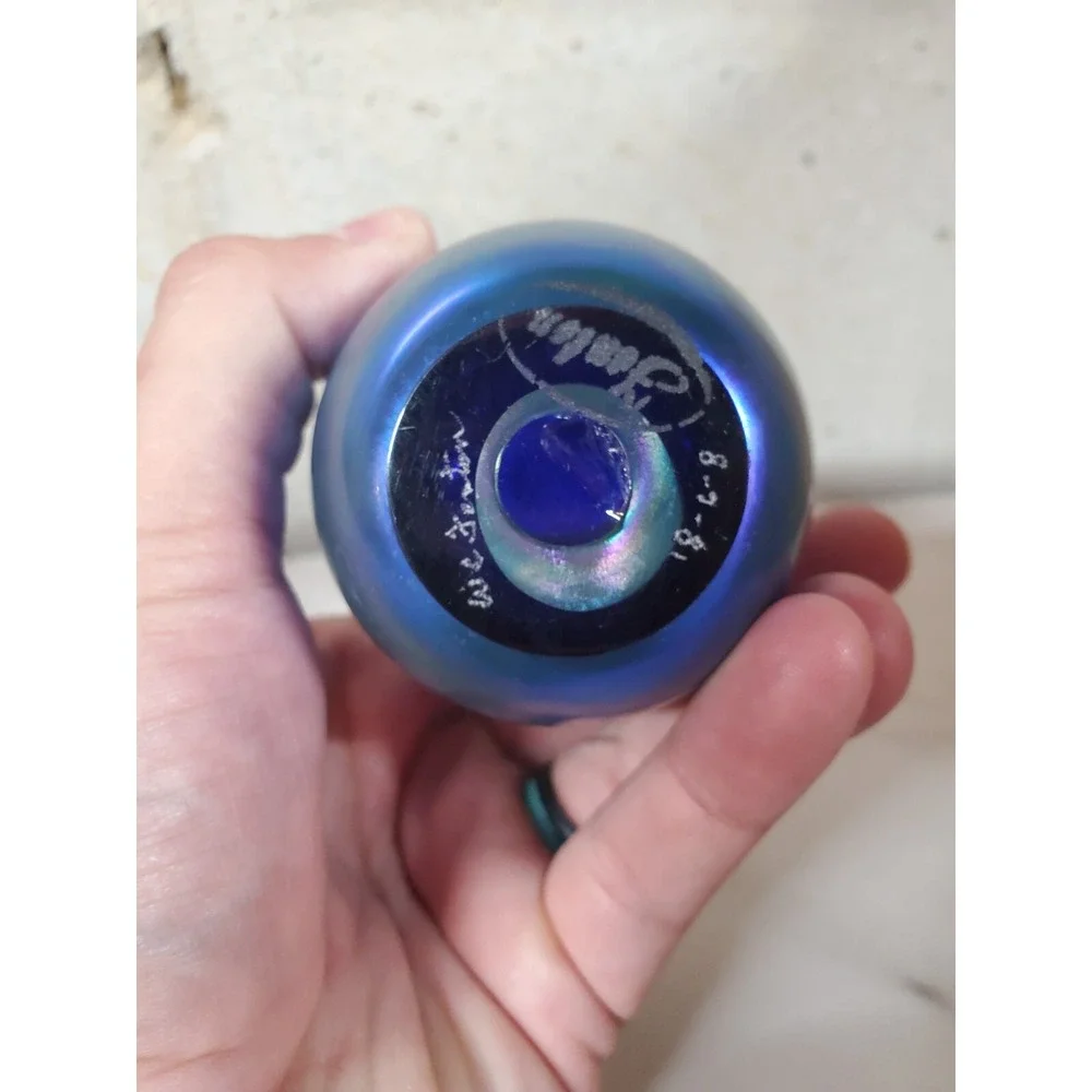 Stunning Blue Iridescent Glass Vase, Vintage, 4.25